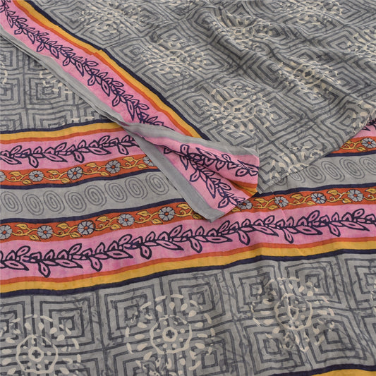 Sanskriti Vintage Sarees Gray Pure Georgette Silk Printed Sari 5yd Craft Sustainable Fabric