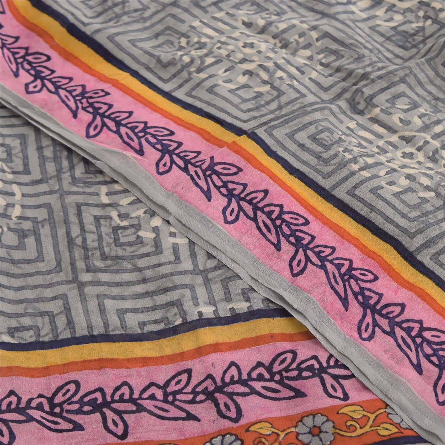 Sanskriti Vintage Sarees Gray Pure Georgette Silk Printed Sari 5yd Craft Sustainable Fabric