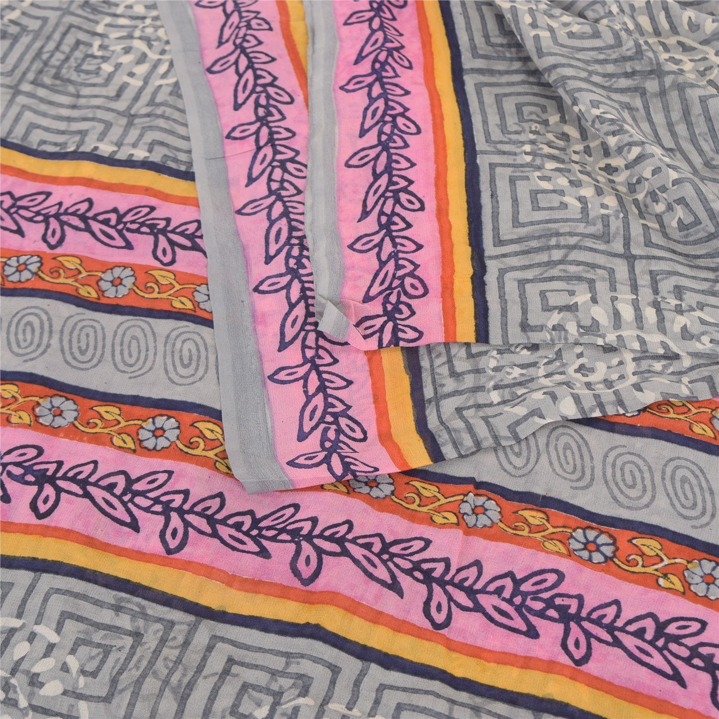 Sanskriti Vintage Sarees Gray Pure Georgette Silk Printed Sari 5yd Craft Sustainable Fabric