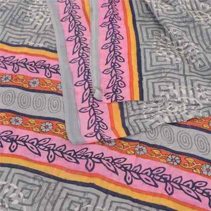 Sanskriti Vintage Sarees Gray Pure Georgette Silk Printed Sari 5yd Craft Sustainable Fabric