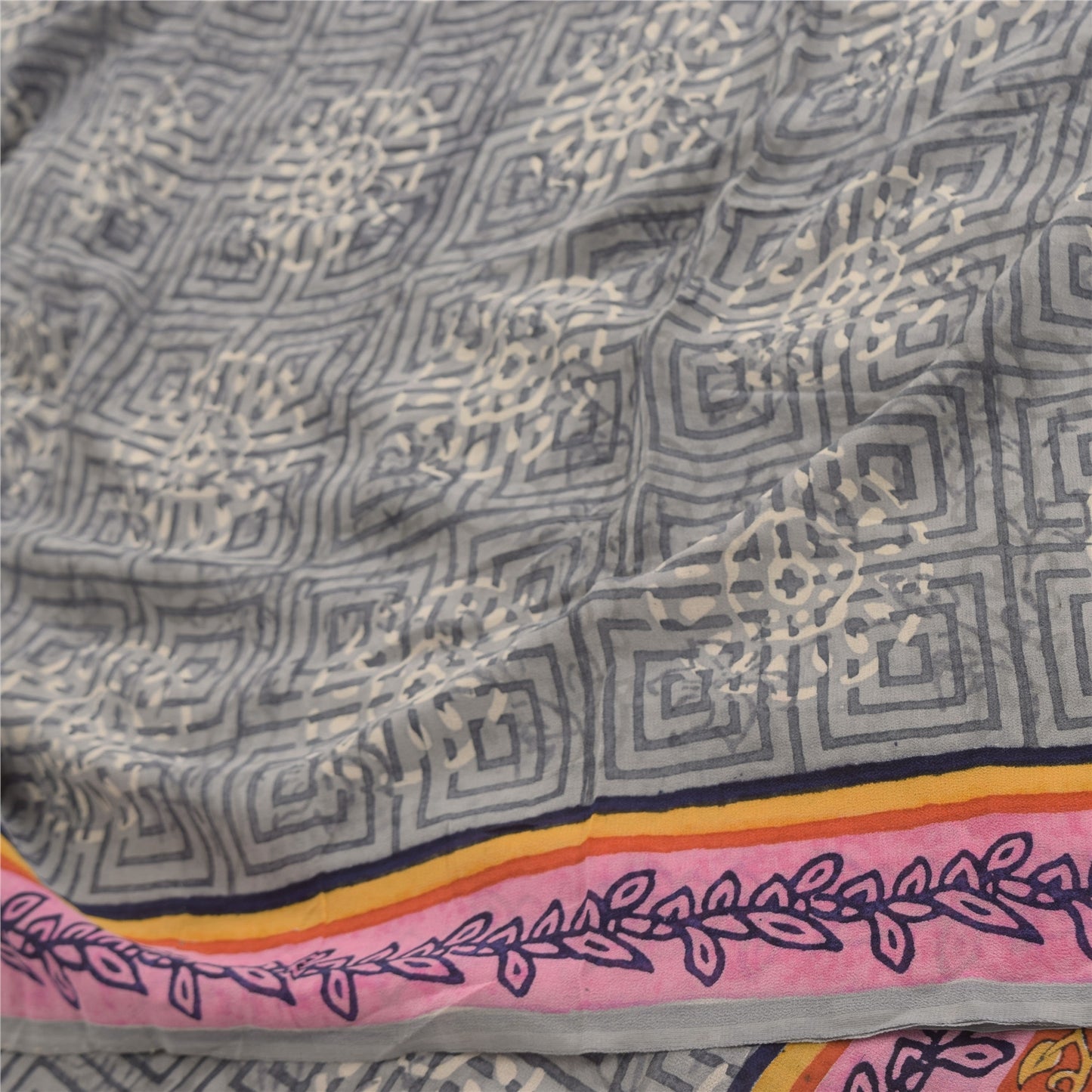 Sanskriti Vintage Sarees Gray Pure Georgette Silk Printed Sari 5yd Craft Sustainable Fabric