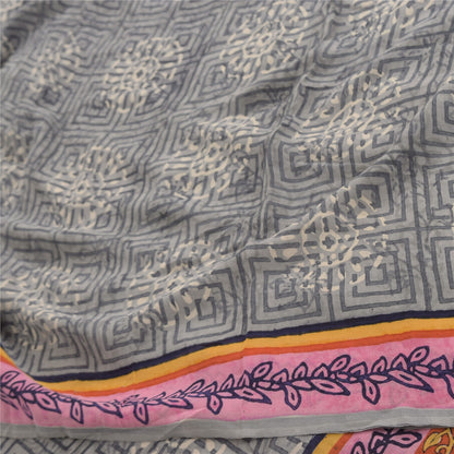 Sanskriti Vintage Sarees Gray Pure Georgette Silk Printed Sari 5yd Craft Sustainable Fabric