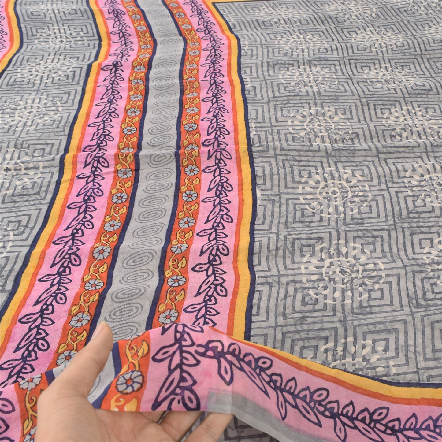 Sanskriti Vintage Sarees Gray Pure Georgette Silk Printed Sari 5yd Craft Sustainable Fabric