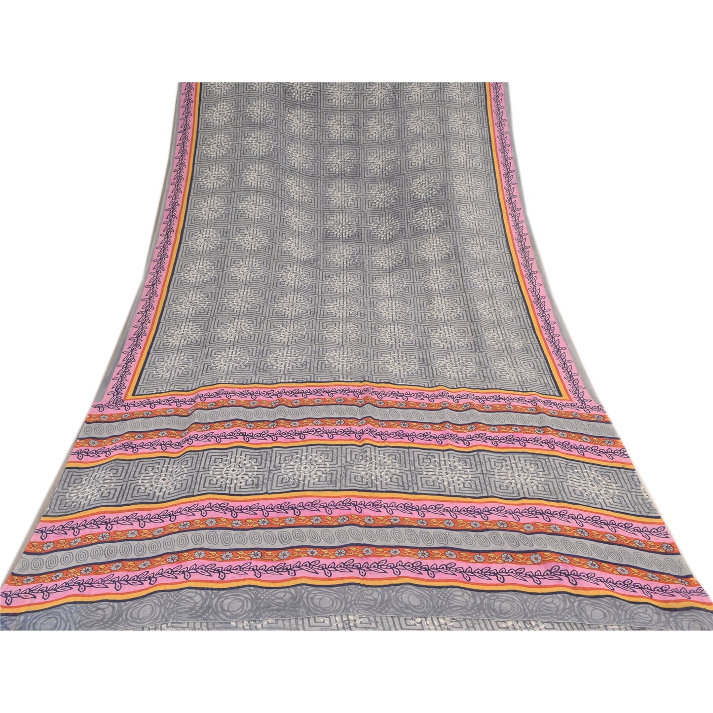 Sanskriti Vintage Sarees Gray Pure Georgette Silk Printed Sari 5yd Craft Sustainable Fabric