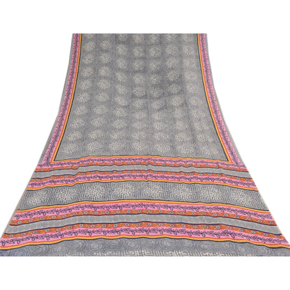 Sanskriti Vintage Sarees Gray Pure Georgette Silk Printed Sari 5yd Craft Sustainable Fabric