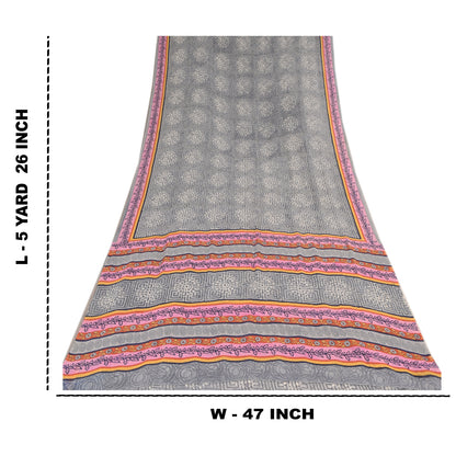 Sanskriti Vintage Sarees Gray Pure Georgette Silk Printed Sari 5yd Craft Sustainable Fabric