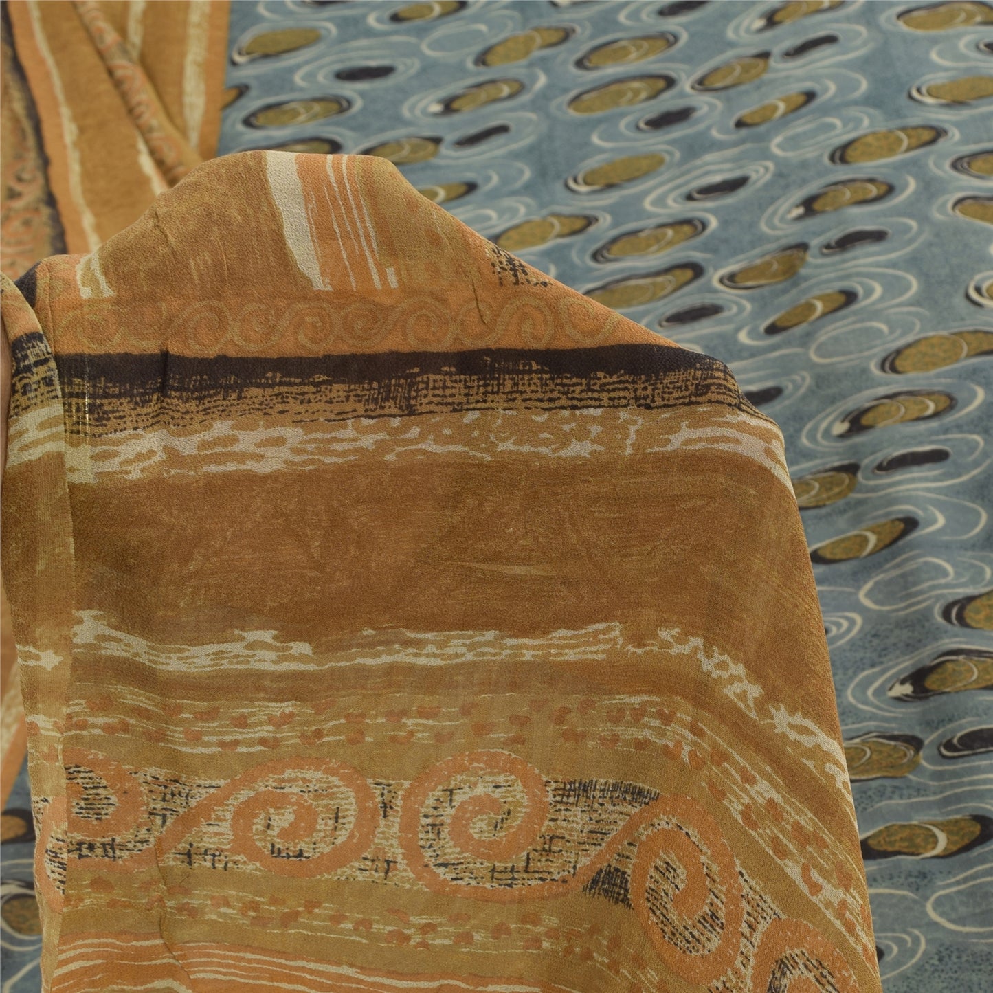 Sanskriti Vintage Sarees Grayi-Mustard Pure Georgette Printed Sari 5+yd Sustainable Fabric