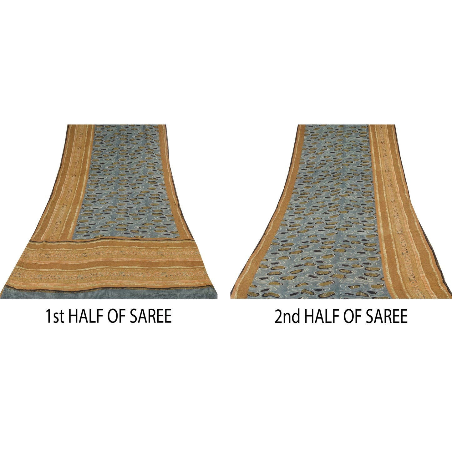 Sanskriti Vintage Sarees Grayi-Mustard Pure Georgette Printed Sari 5+yd Sustainable Fabric