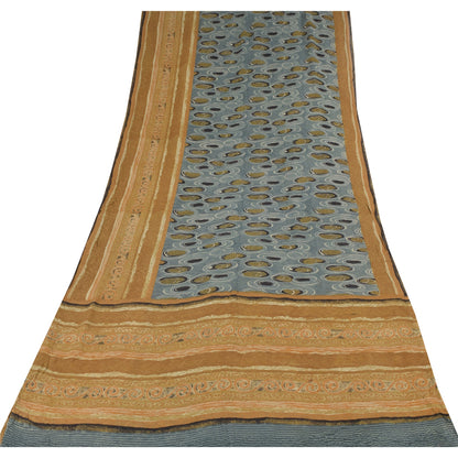 Sanskriti Vintage Sarees Grayi-Mustard Pure Georgette Printed Sari 5+yd Sustainable Fabric