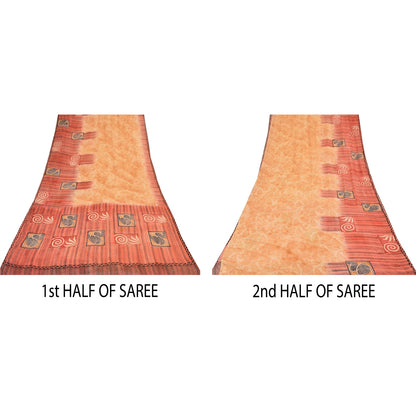 Sanskriti Vintage Sarees Peach/Red Pure Georgette Silk Printed Sari 5+yd Sustainable Fabric
