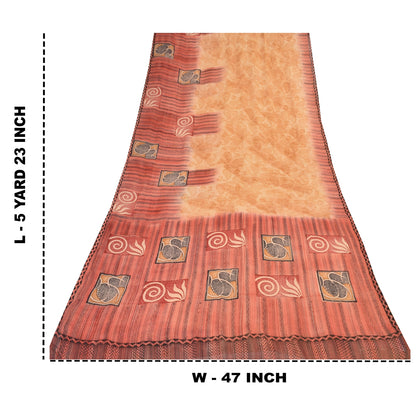 Sanskriti Vintage Sarees Peach/Red Pure Georgette Silk Printed Sari 5+yd Sustainable Fabric