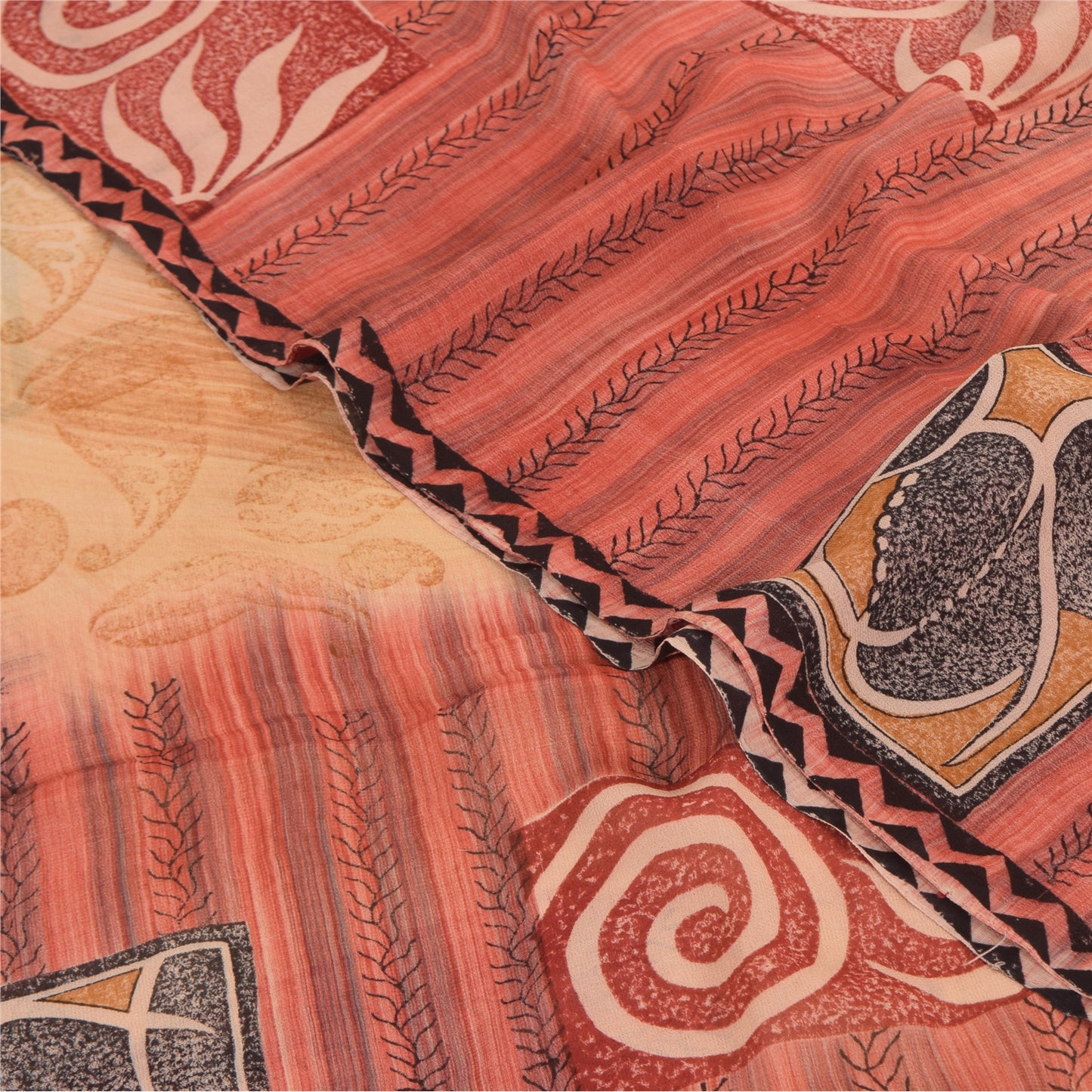 Sanskriti Vintage Sarees Peach/Red Pure Georgette Silk Printed Sari 5+yd Sustainable Fabric