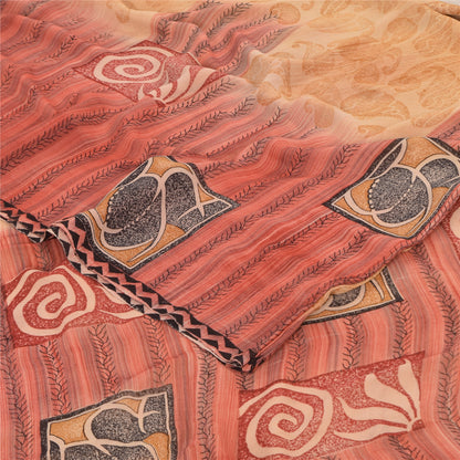 Sanskriti Vintage Sarees Peach/Red Pure Georgette Silk Printed Sari 5+yd Sustainable Fabric