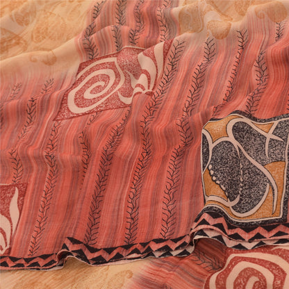 Sanskriti Vintage Sarees Peach/Red Pure Georgette Silk Printed Sari 5+yd Sustainable Fabric