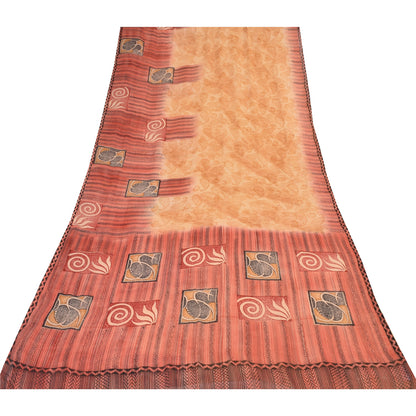 Sanskriti Vintage Sarees Peach/Red Pure Georgette Silk Printed Sari 5+yd Sustainable Fabric