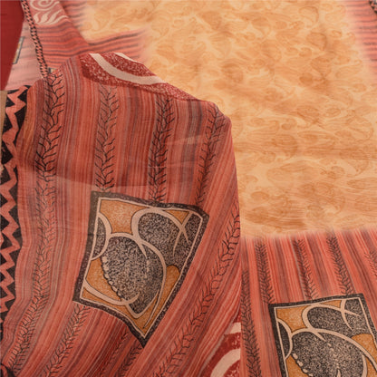 Sanskriti Vintage Sarees Peach/Red Pure Georgette Silk Printed Sari 5+yd Sustainable Fabric