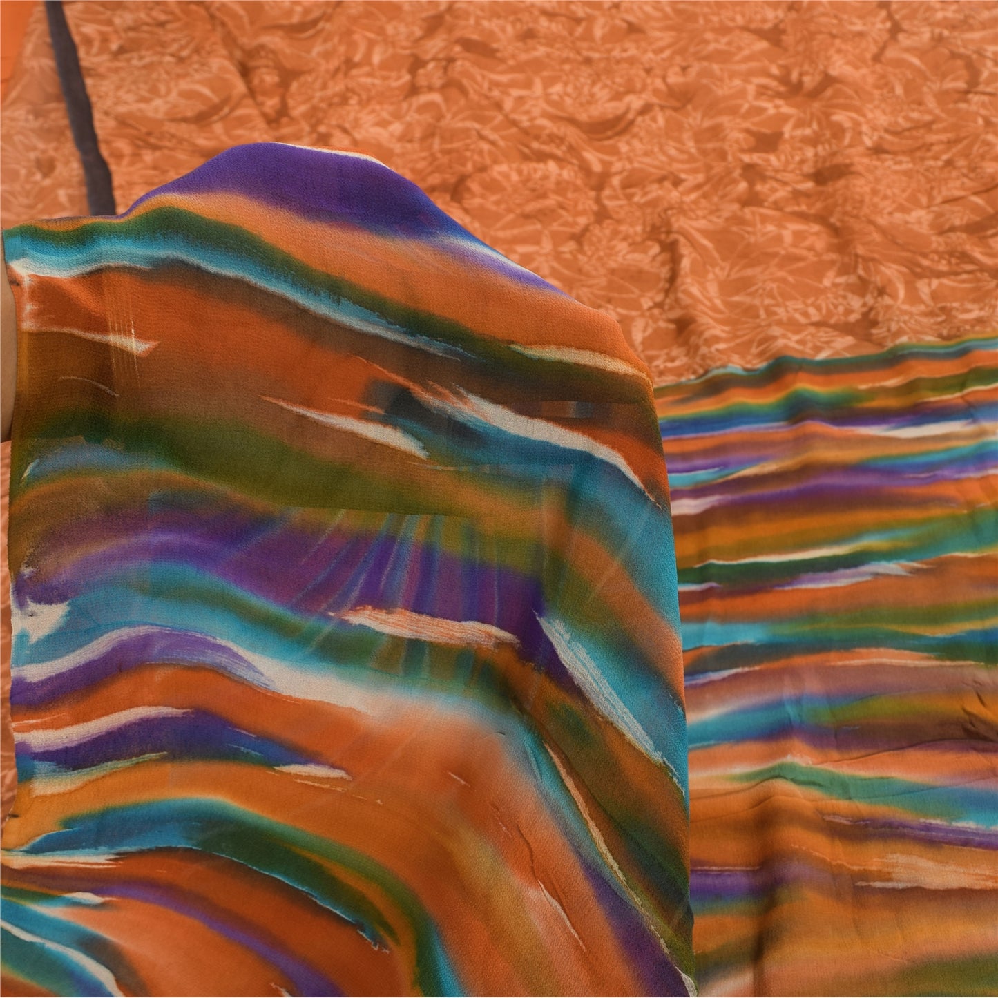 Sanskriti Vintage Sarees Saffron Pure Georgette Printed Sari 5+yd Craft Sustainable Fabric