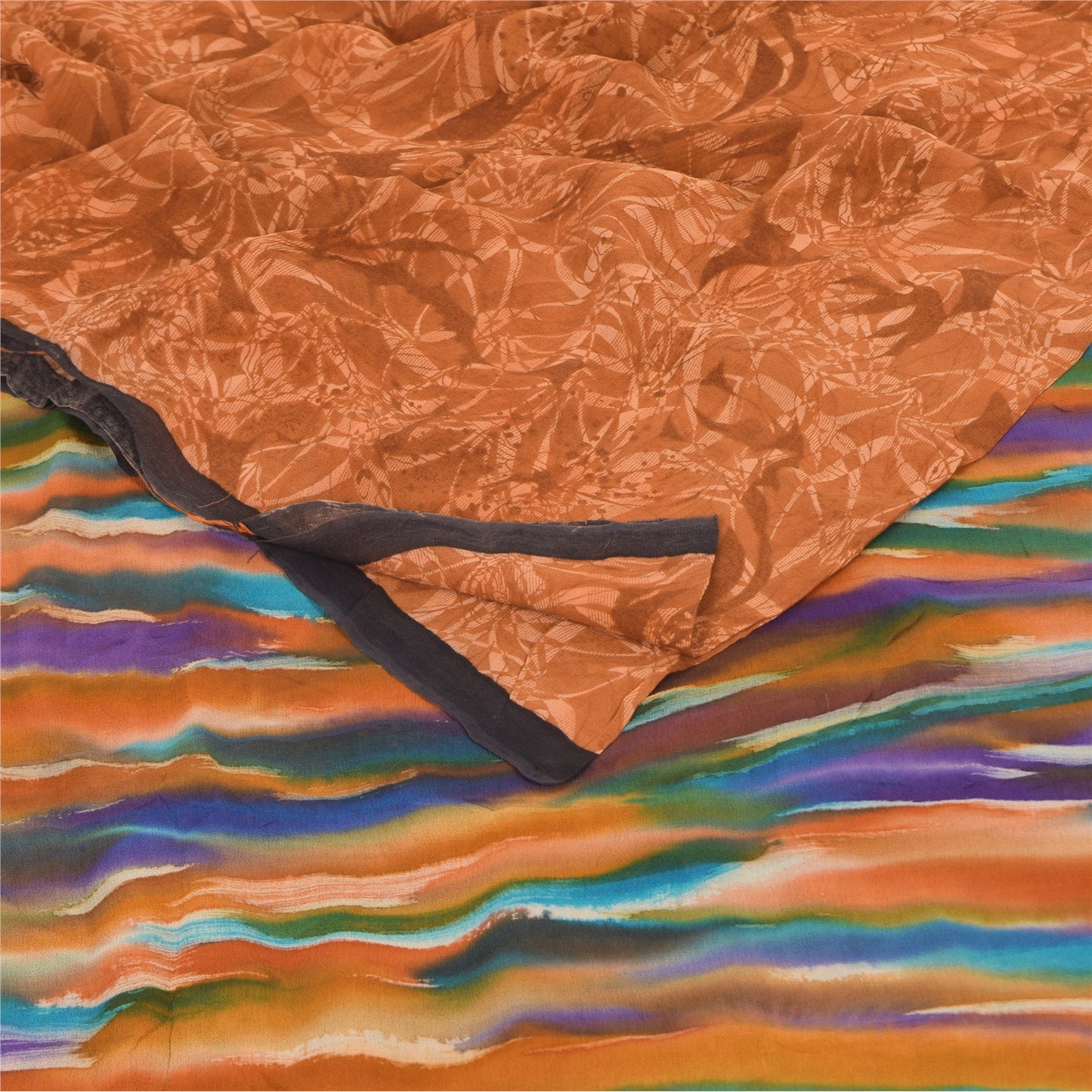 Sanskriti Vintage Sarees Saffron Pure Georgette Printed Sari 5+yd Craft Sustainable Fabric