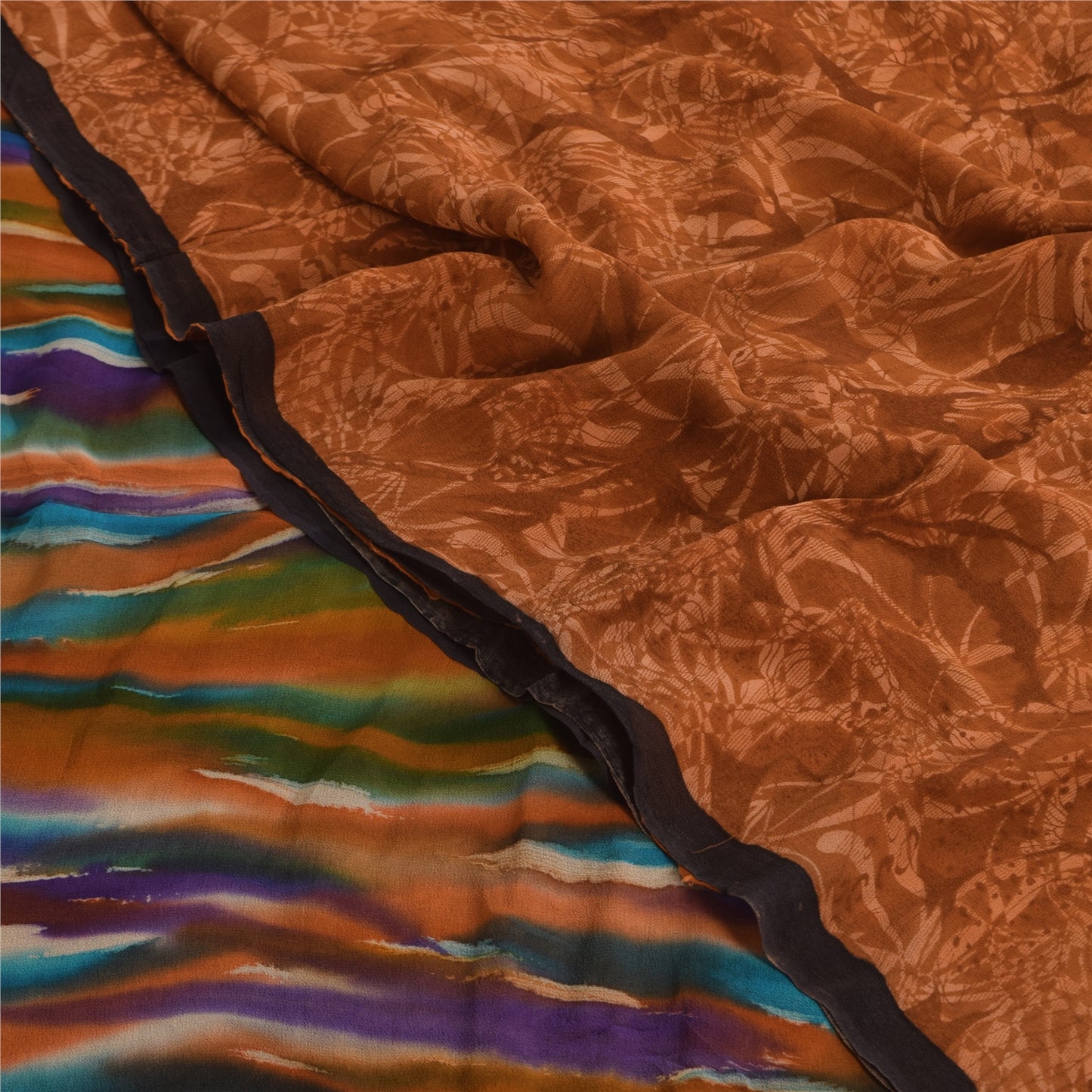 Sanskriti Vintage Sarees Saffron Pure Georgette Printed Sari 5+yd Craft Sustainable Fabric