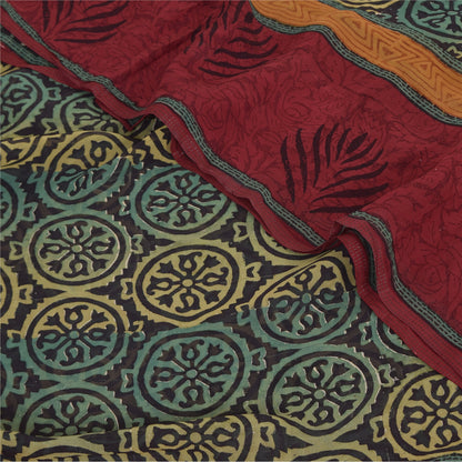 Sanskriti Vintage Sarees Black Pure Georgette Silk Print Sari 5+yd Craft Sustainable Fabric