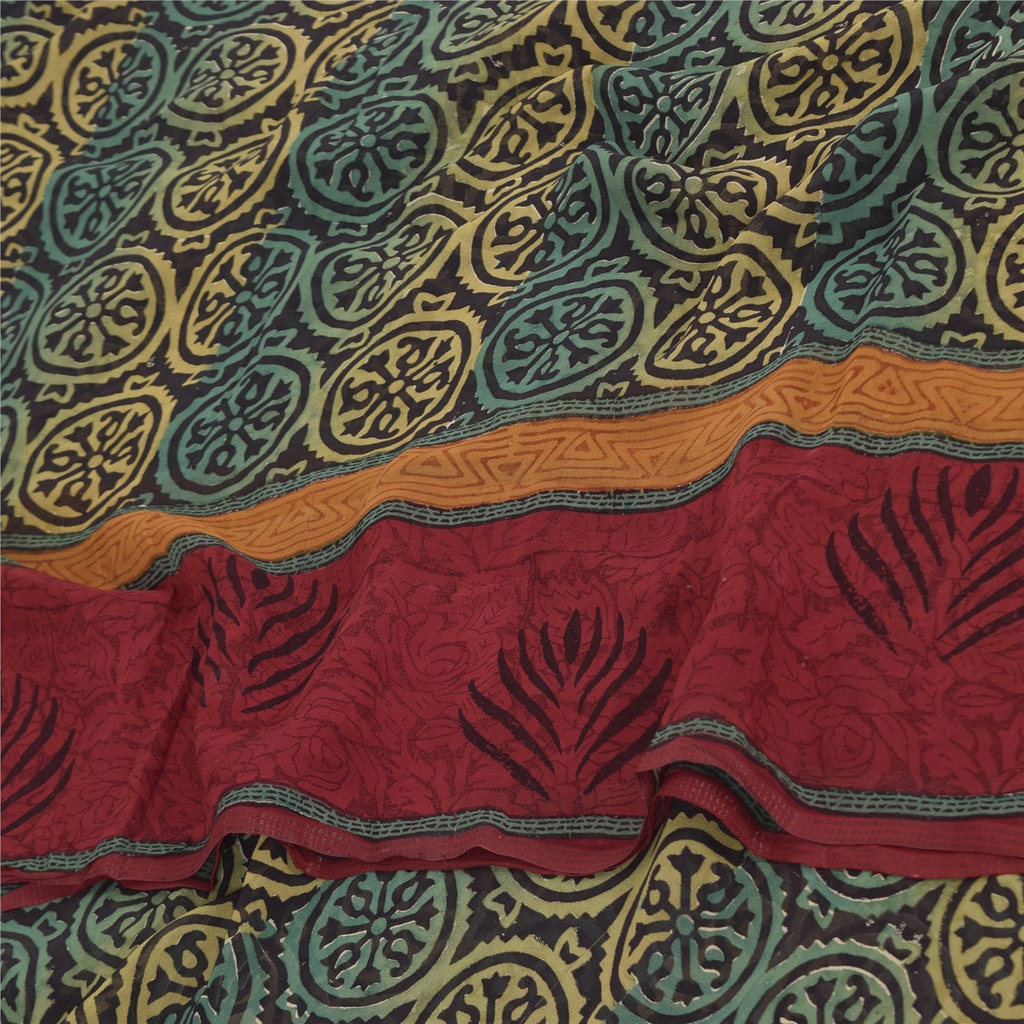 Sanskriti Vintage Sarees Black Pure Georgette Silk Print Sari 5+yd Craft Sustainable Fabric