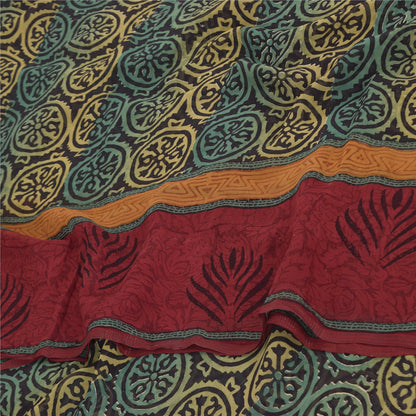 Sanskriti Vintage Sarees Black Pure Georgette Silk Print Sari 5+yd Craft Sustainable Fabric