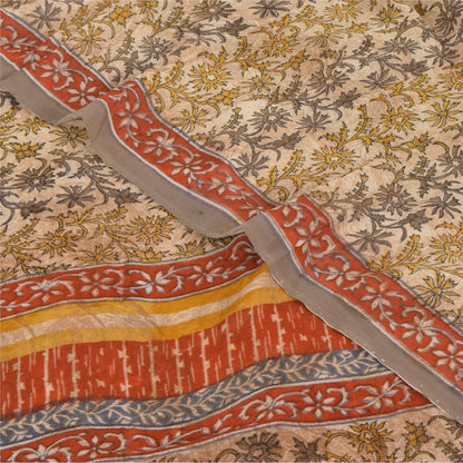 Sanskriti Vintage Sarees Cream Pure Georgette Silk Print Sari 5+yd Craft Sustainable Fabric