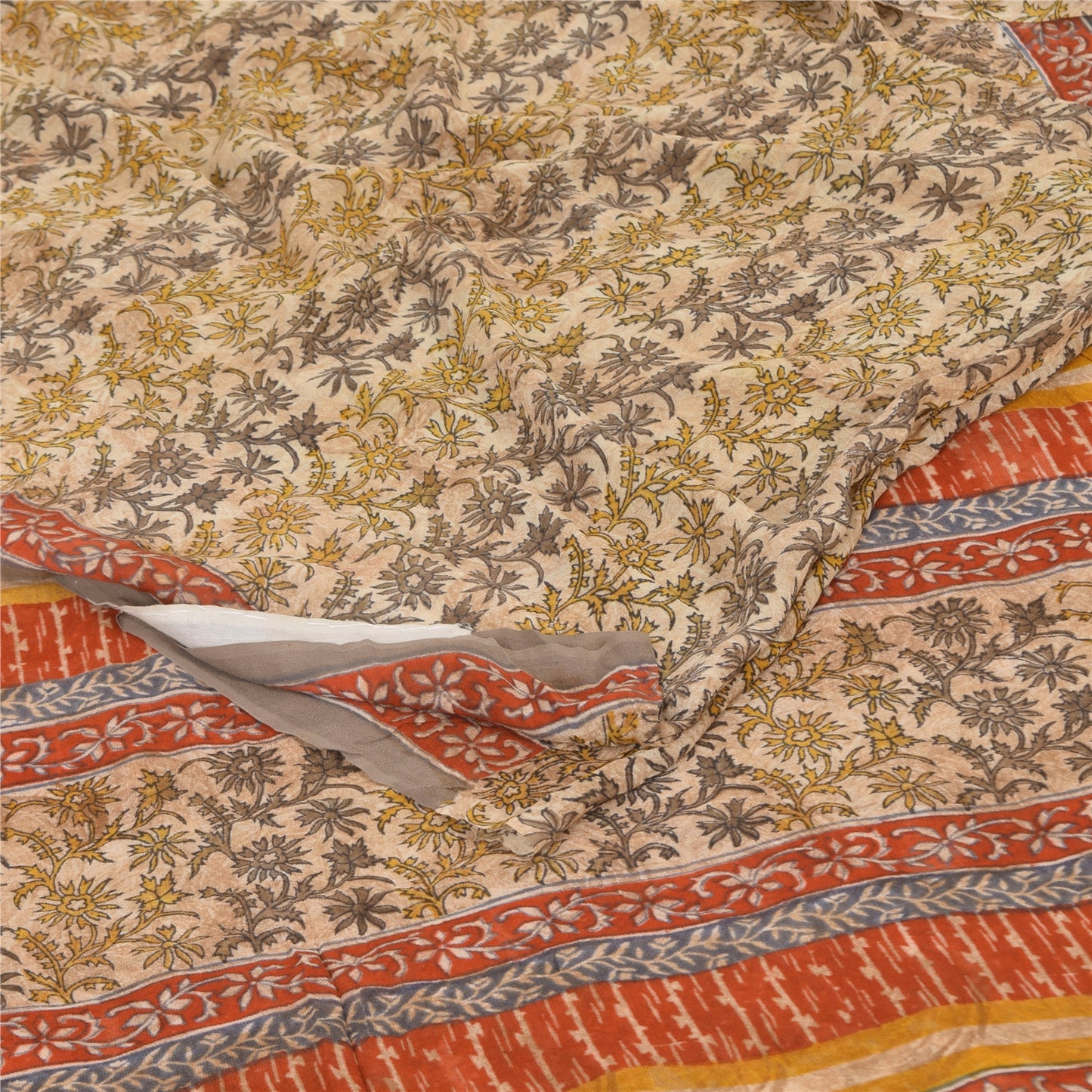 Sanskriti Vintage Sarees Cream Pure Georgette Silk Print Sari 5+yd Craft Sustainable Fabric