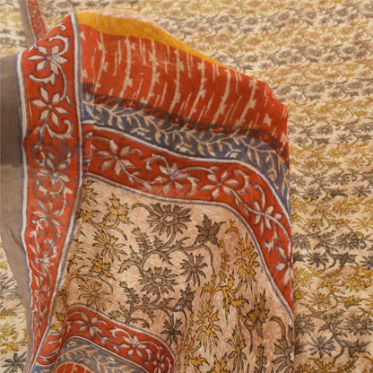 Sanskriti Vintage Sarees Cream Pure Georgette Silk Print Sari 5+yd Craft Sustainable Fabric