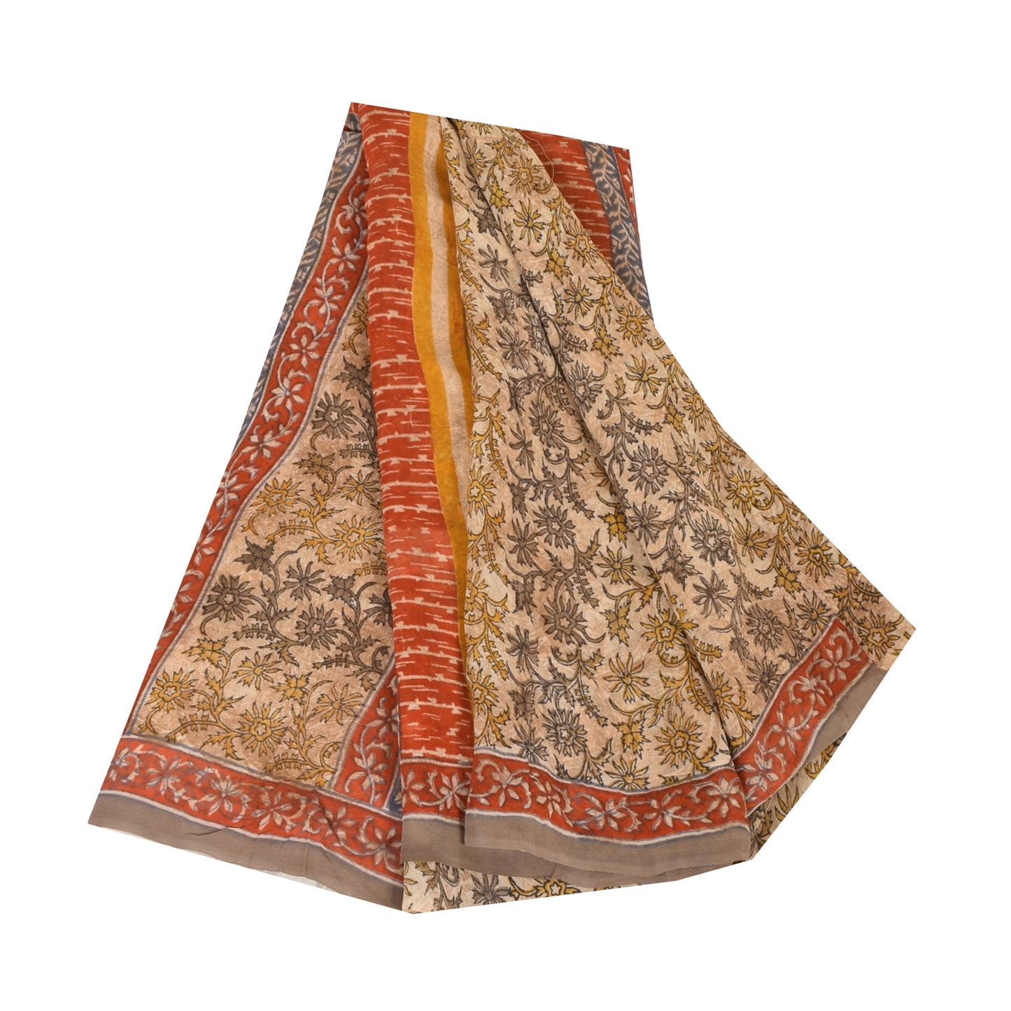 Sanskriti Vintage Sarees Cream Pure Georgette Silk Print Sari 5+yd Craft Sustainable Fabric