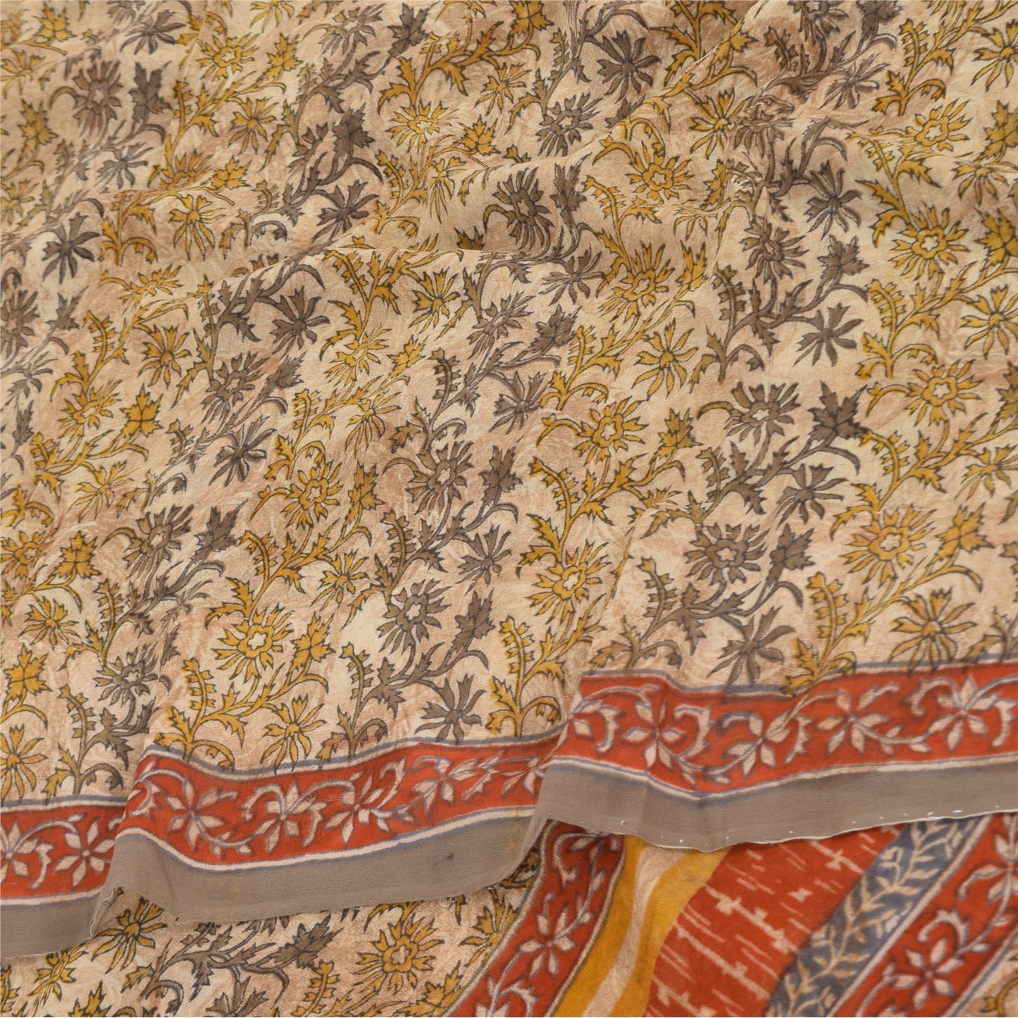 Sanskriti Vintage Sarees Cream Pure Georgette Silk Print Sari 5+yd Craft Sustainable Fabric