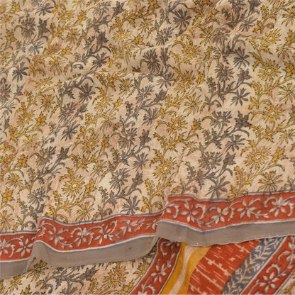 Sanskriti Vintage Sarees Cream Pure Georgette Silk Print Sari 5+yd Craft Sustainable Fabric