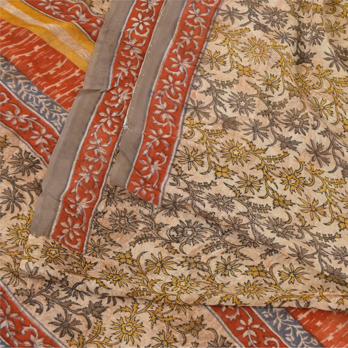 Sanskriti Vintage Sarees Cream Pure Georgette Silk Print Sari 5+yd Craft Sustainable Fabric