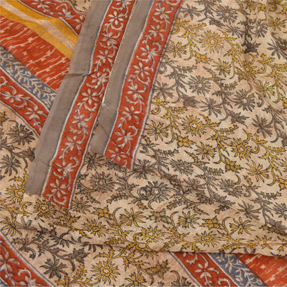Sanskriti Vintage Sarees Cream Pure Georgette Silk Print Sari 5+yd Craft Sustainable Fabric
