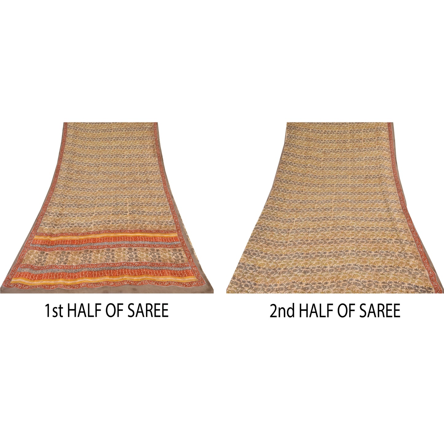 Sanskriti Vintage Sarees Cream Pure Georgette Silk Print Sari 5+yd Craft Sustainable Fabric