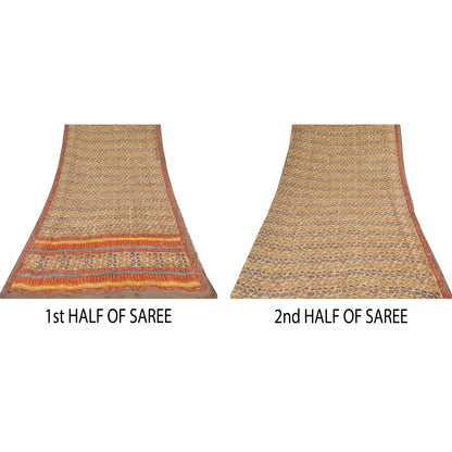 Sanskriti Vintage Sarees Cream Pure Georgette Silk Print Sari 5+yd Craft Sustainable Fabric