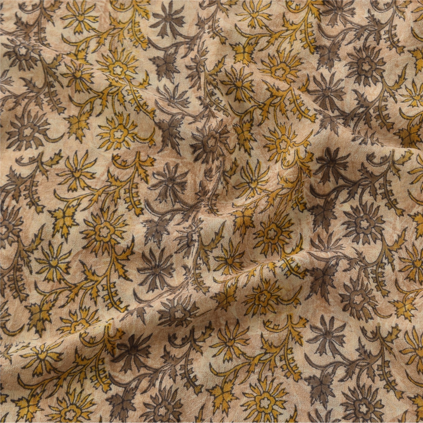 Sanskriti Vintage Sarees Cream Pure Georgette Silk Print Sari 5+yd Craft Sustainable Fabric