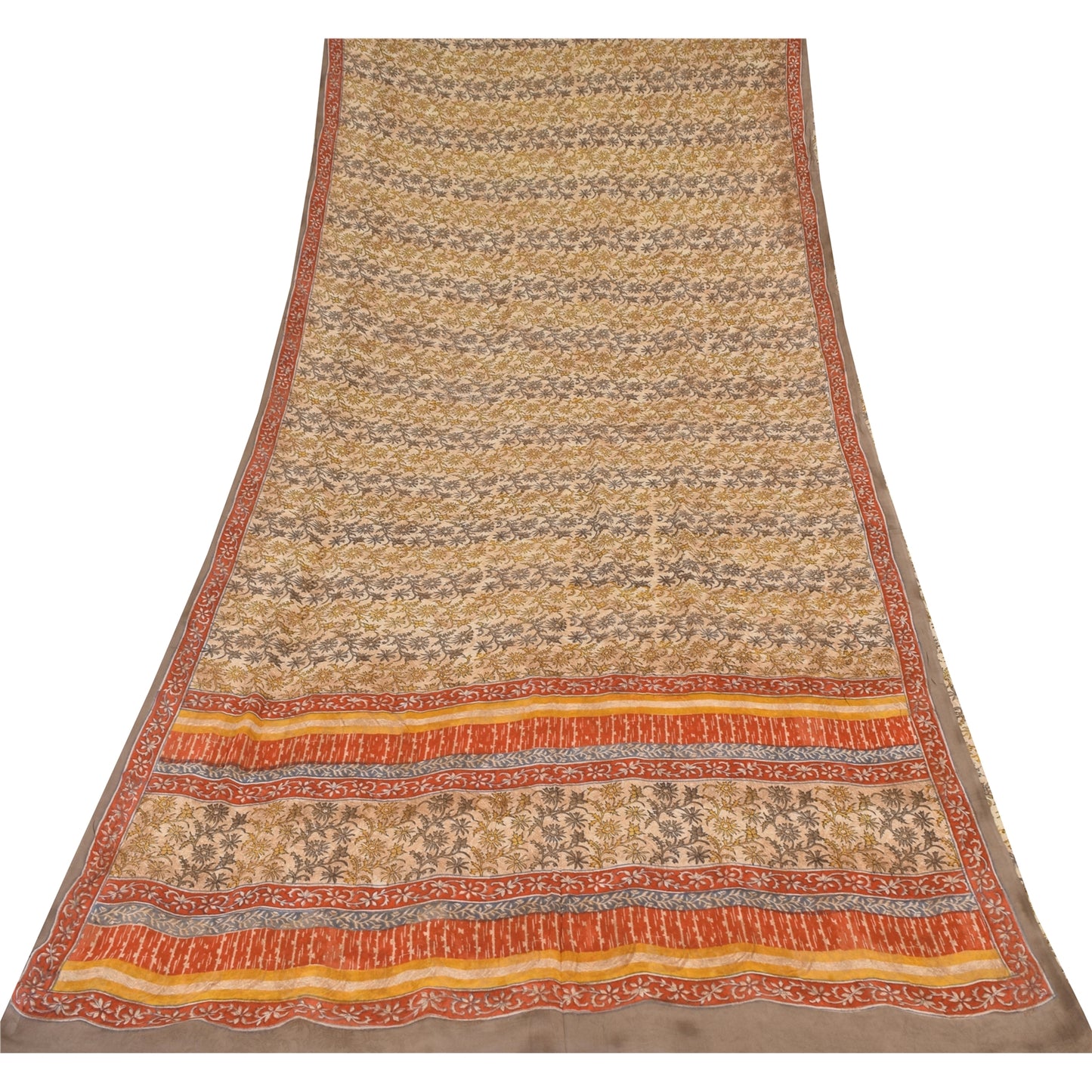 Sanskriti Vintage Sarees Cream Pure Georgette Silk Print Sari 5+yd Craft Sustainable Fabric