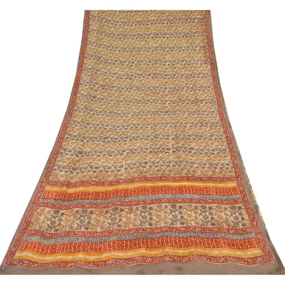 Sanskriti Vintage Sarees Cream Pure Georgette Silk Print Sari 5+yd Craft Sustainable Fabric