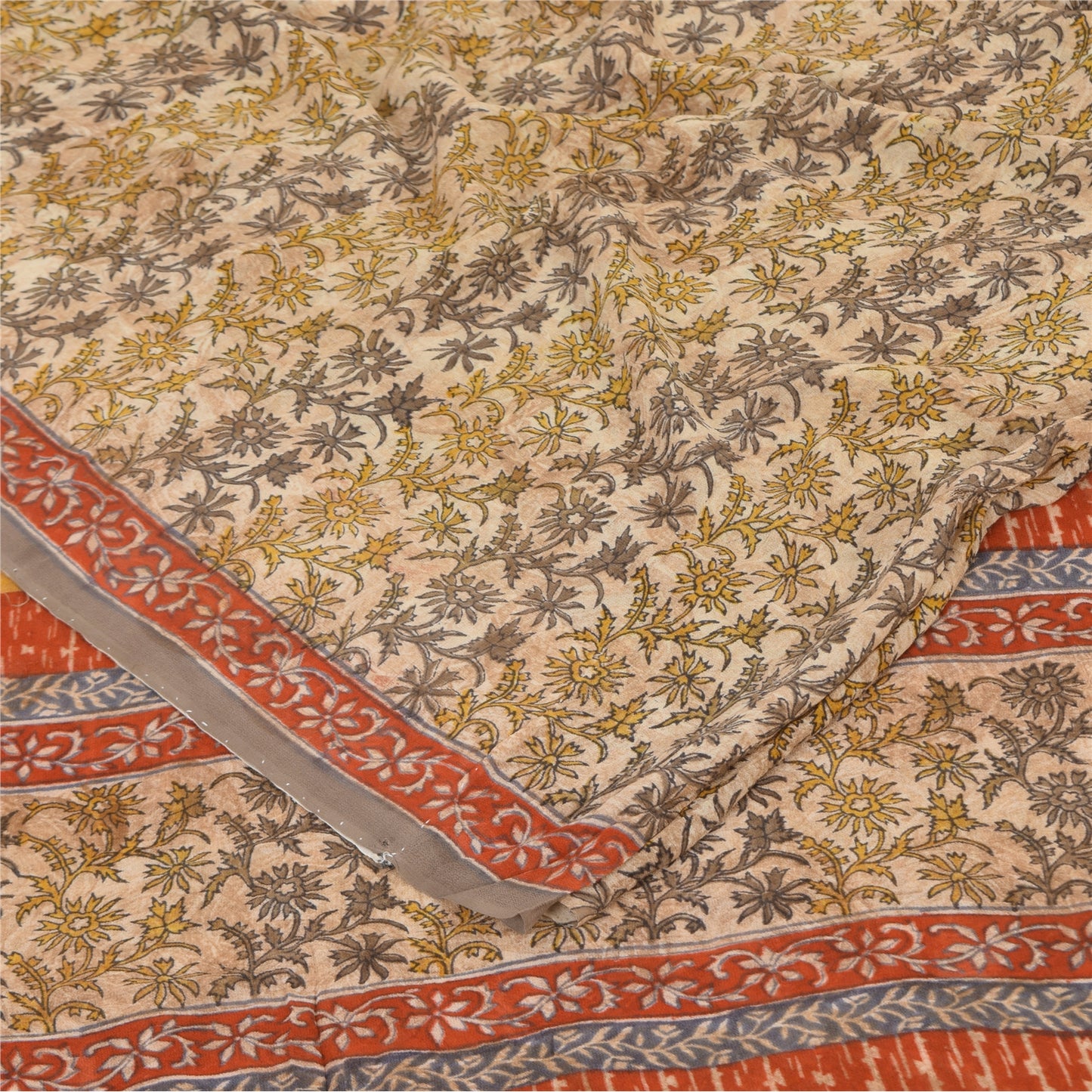 Sanskriti Vintage Sarees Cream Pure Georgette Silk Print Sari 5+yd Craft Sustainable Fabric