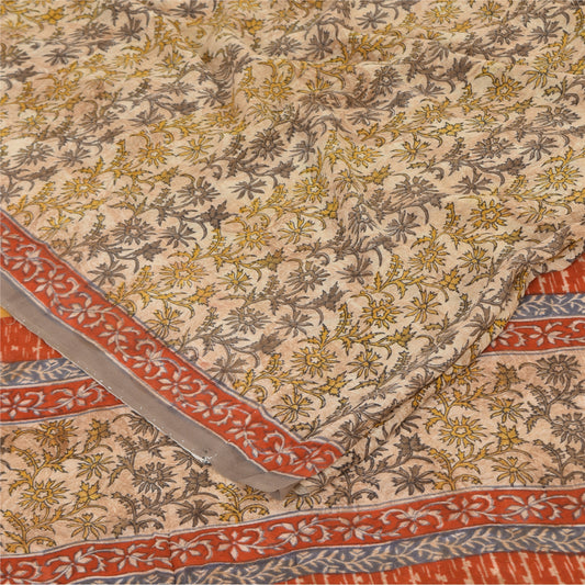 Sanskriti Vintage Sarees Cream Pure Georgette Silk Print Sari 5+yd Craft Sustainable Fabric