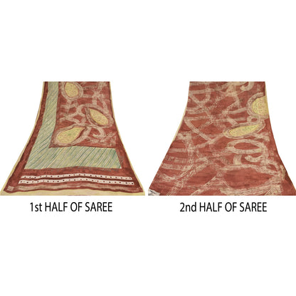 Sanskriti Vintage Sari 100% Pure Georgette Silk Sarees Brown & Green Printed 5+Yd Craft Fabric Home Decor, Women Floral Outfit, Scrap