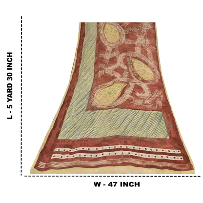Sanskriti Vintage Sari 100% Pure Georgette Silk Sarees Brown & Green Printed 5+Yd Craft Fabric Home Decor, Women Floral Outfit, Scrap