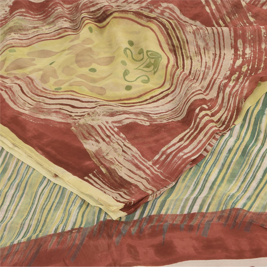 Sanskriti Vintage Sarees Orange/Green Pure Georgette Printed Sari 5+yd Sustainable Fabric