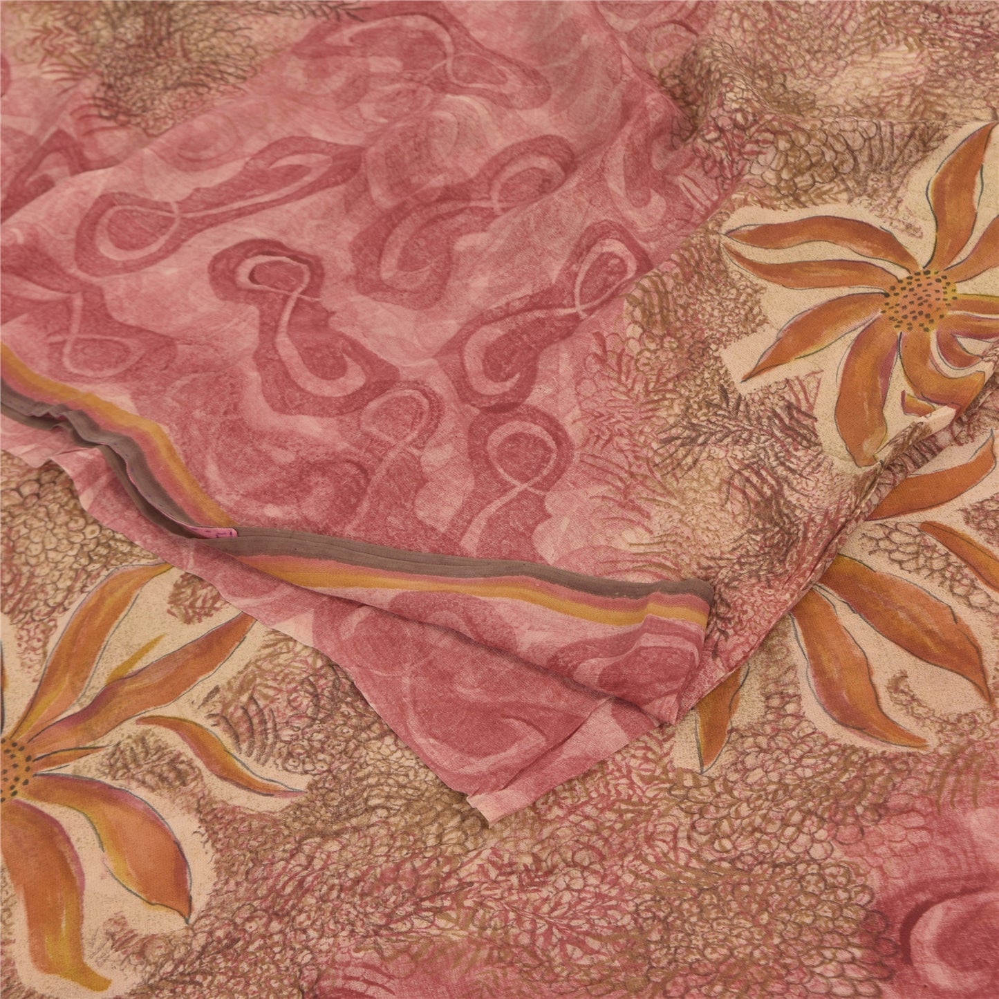 Sanskriti Vintage Sarees Pink/Brown Pure Georgette Print Sari 6+yd Craft Sustainable Fabric