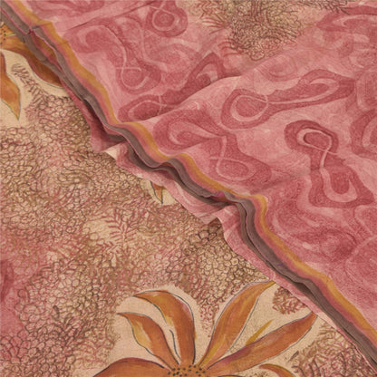 Sanskriti Vintage Sarees Pink/Brown Pure Georgette Print Sari 6+yd Craft Sustainable Fabric