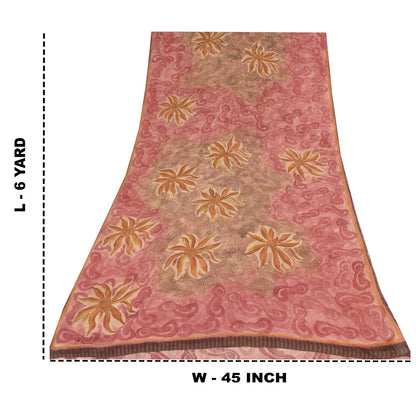 Sanskriti Vintage Sarees Pink/Brown Pure Georgette Print Sari 6+yd Craft Sustainable Fabric