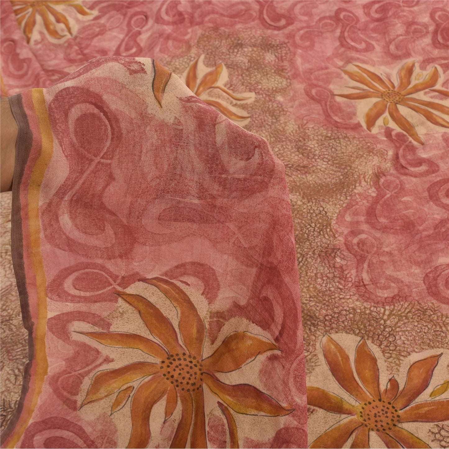 Sanskriti Vintage Sarees Pink/Brown Pure Georgette Print Sari 6+yd Craft Sustainable Fabric