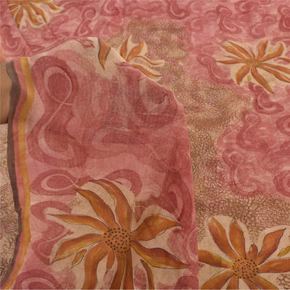Sanskriti Vintage Sarees Pink/Brown Pure Georgette Print Sari 6+yd Craft Sustainable Fabric