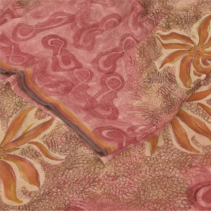 Sanskriti Vintage Sarees Pink/Brown Pure Georgette Print Sari 6+yd Craft Sustainable Fabric